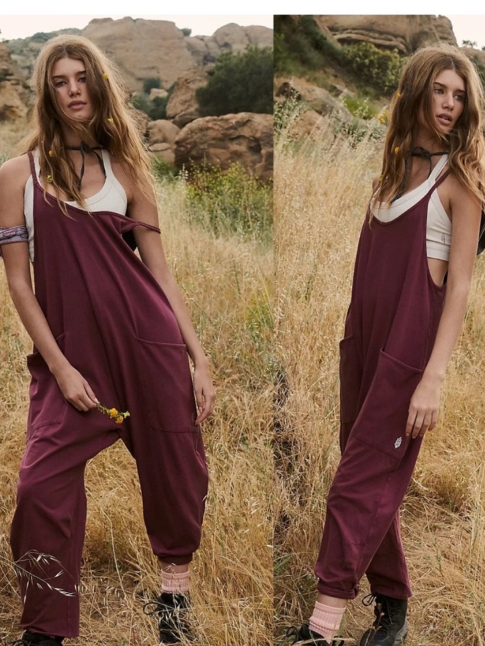 Free People hot shot onesie burgundy  Relaxed Harem Jumpsuit